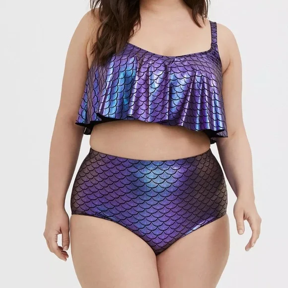 NWT SET 🌊🧜♀️Torrid Iridescent Mermaid Scale Wireless Straight Flounce Bikini - Picture 1 of 11